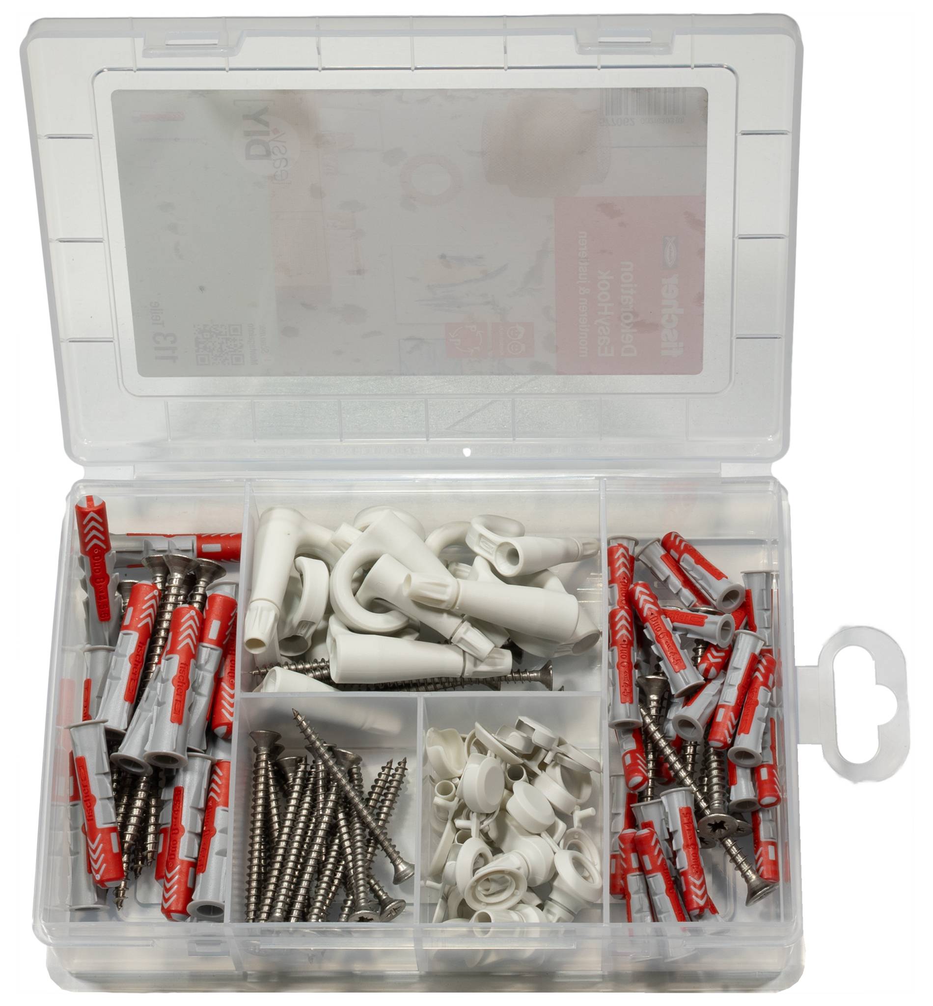 Kit assorti de chevilles murales et de vis dans un boîtier de rangement en plastique transparent avec compartiments divisés.