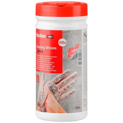 Récipient de Lingettes de Nettoyage Fischer Xtreme, 100 feuilles, avec un couvercle rouge et une étiquette montrant une main nettoyant la graisse et la saleté.