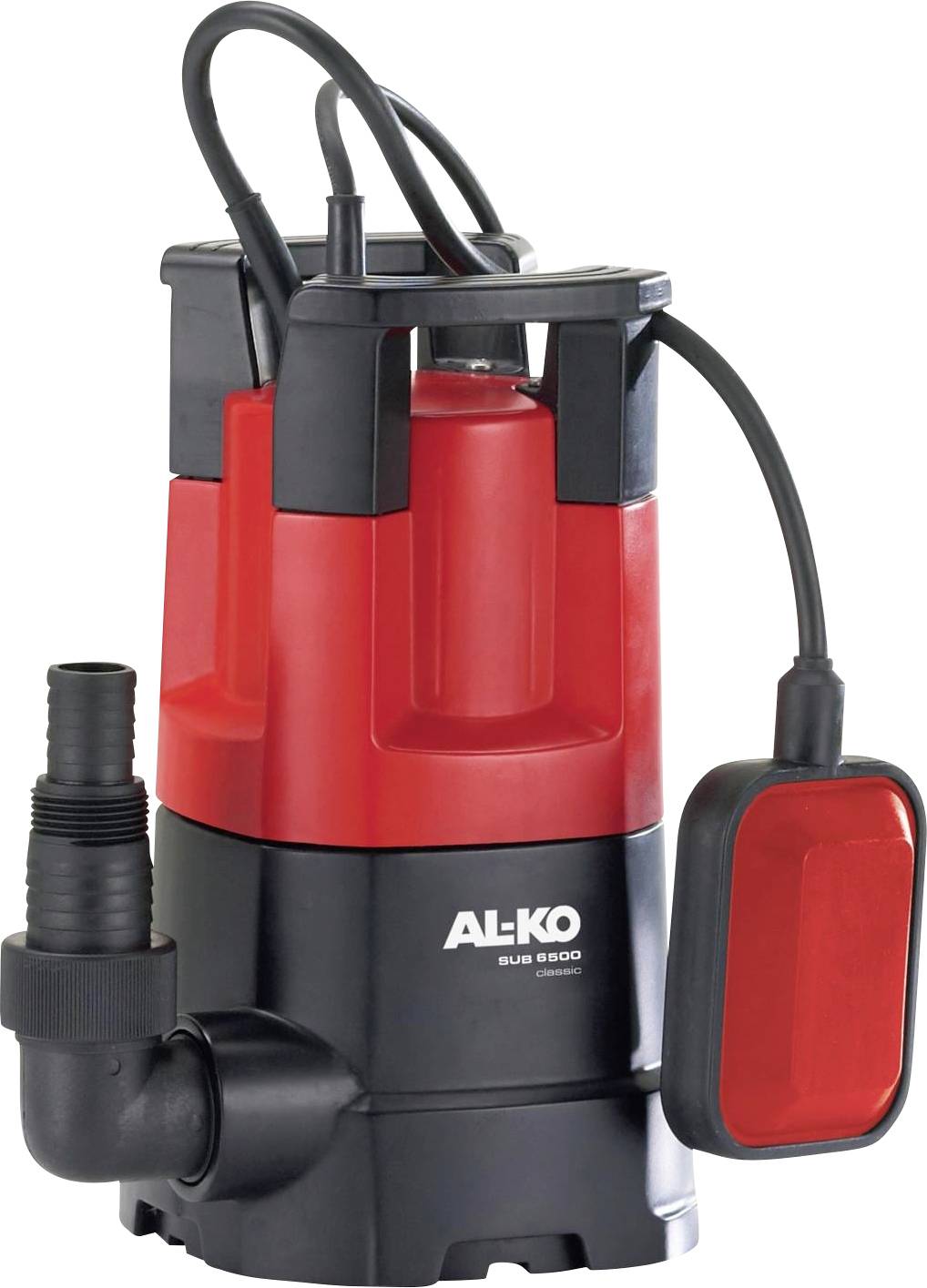 Pompe à eau 'AL-KO', rouge et noir, avec raccord de tuyau et interrupteur à flotteur, debout.