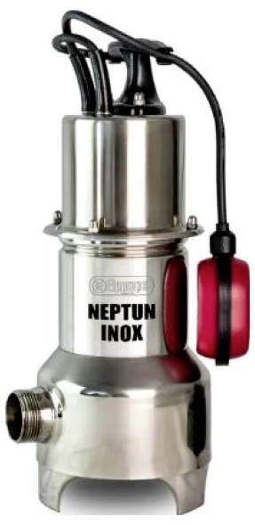 Pompe à eau 'Bilder Neptun Inox', argentée avec flotteur rouge, adaptée pour les eaux usées ; fiche et câble raccordés en haut.