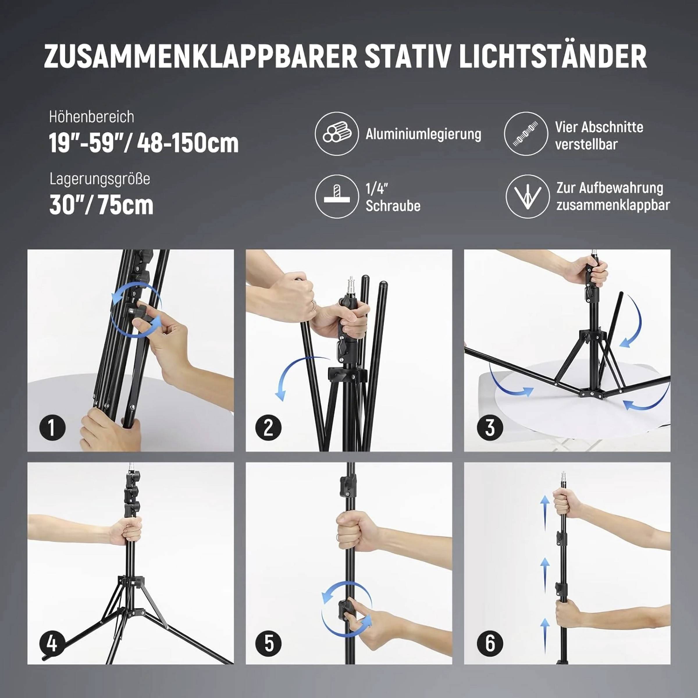 Support de lumière trépied pliable, hauteur réglable de 48-150 cm. En alliage d'aluminium, facile à ajuster, portable.