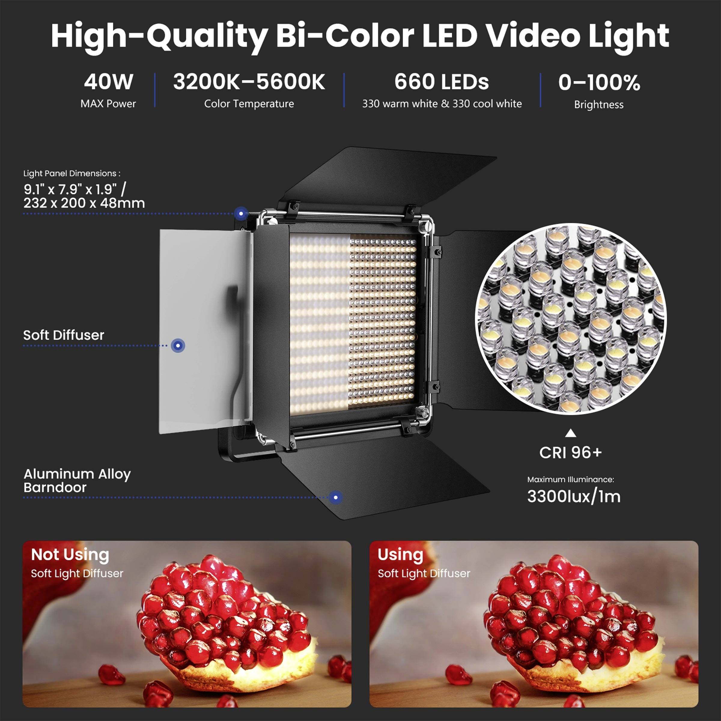 Lumière vidéo LED bicolore de haute qualité : Photo montre une lampe LED, différents niveaux de température de couleur et de luminosité, à des fins de comparaison.