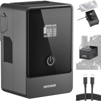 Chargeur de batterie Neewer avec écran LCD, affichant l'état de la batterie, avec port USB-C et câble, adapté aux batteries d'appareils photo.