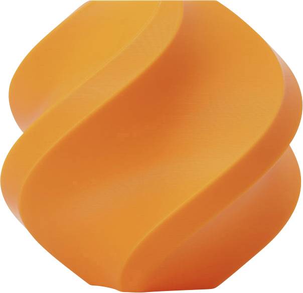 Une sculpture abstraite avec des formes spiralées orangées qui s'entremêlent et forment une structure dynamique tridimensionnelle.