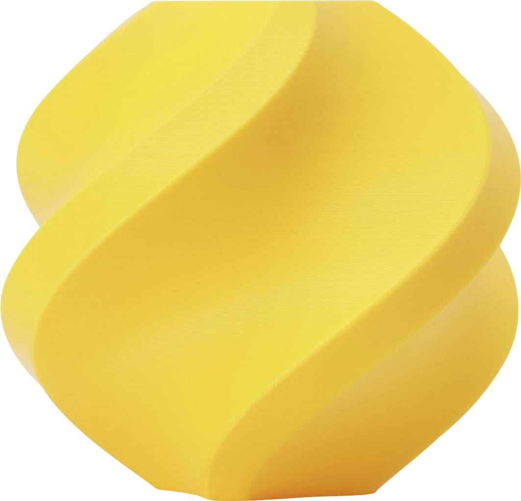 Objet 3D jaune, en forme de spirale, avec une surface lisse, rappelant une sphère torsadée.