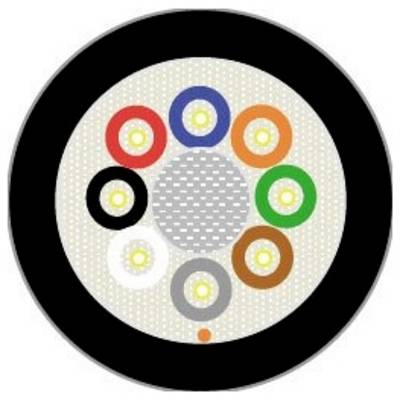«Coupe transversale d'un câble à fibre optique présentant huit fils colorés disposés en cercle, chacun représentant un canal différent.»