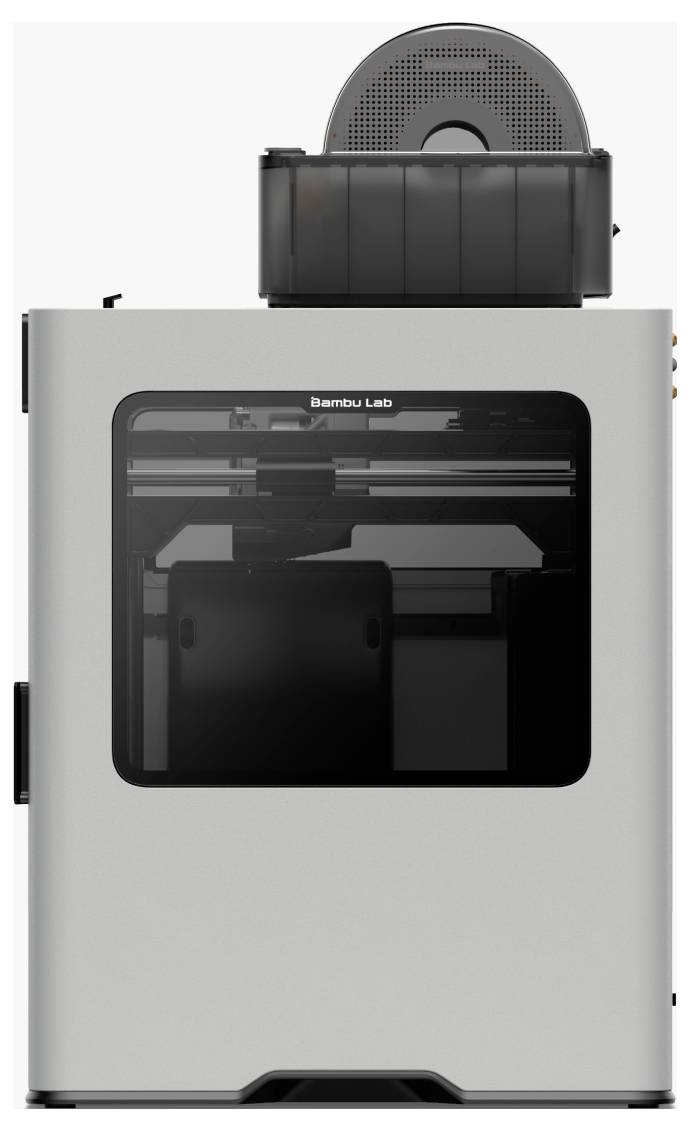 Imprimante 3D blanche avec façade avant en verre noir. Un rouleau de filament est visible en haut.