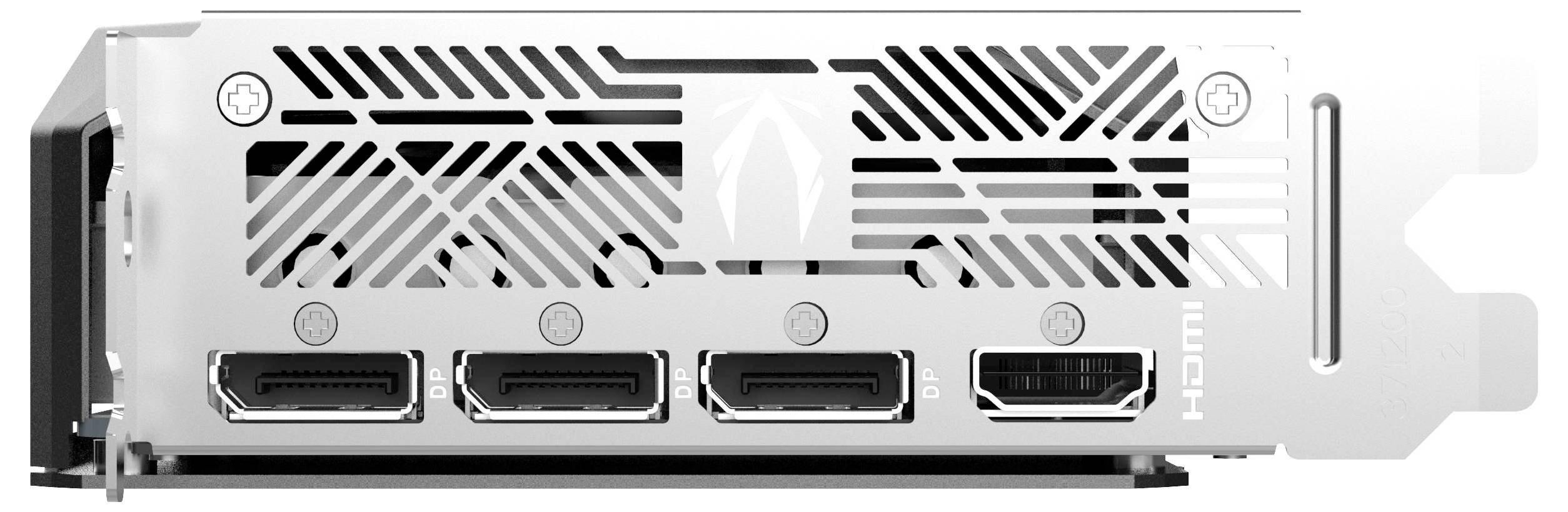 Vue arrière d'une carte graphique avec quatre ports : trois DisplayPorts et un port HDMI. Fentes de ventilation en haut.