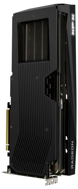 Une carte graphique noire de la marque Radeon avec des rainures de ventilation verticales et le logo 'Radeon' sur le côté.