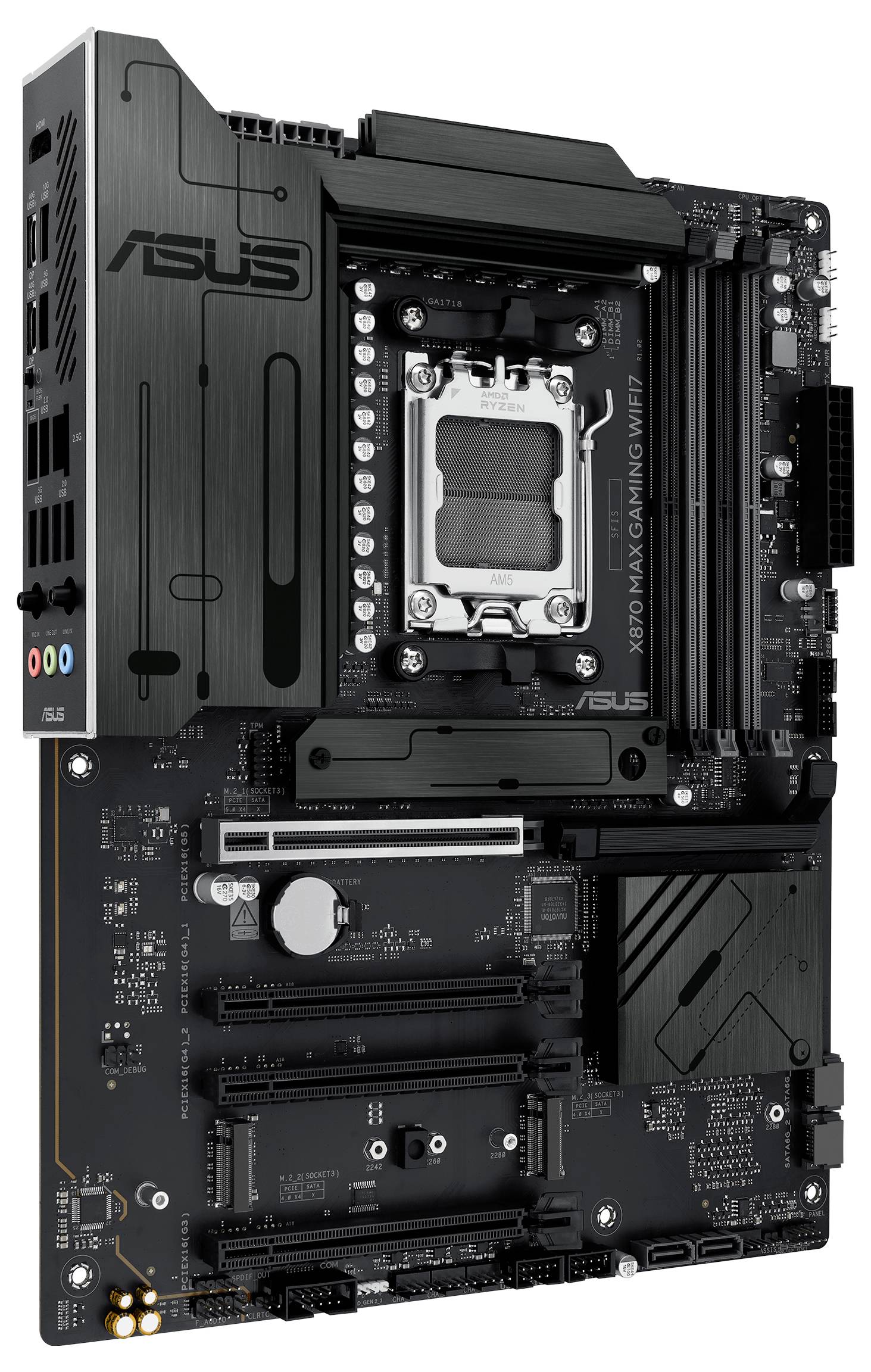 Carte mère ASUS noire 'ROG Maximus XIII Hero' avec de nombreux slots et connecteurs, socket CPU central et dissipateur thermique.