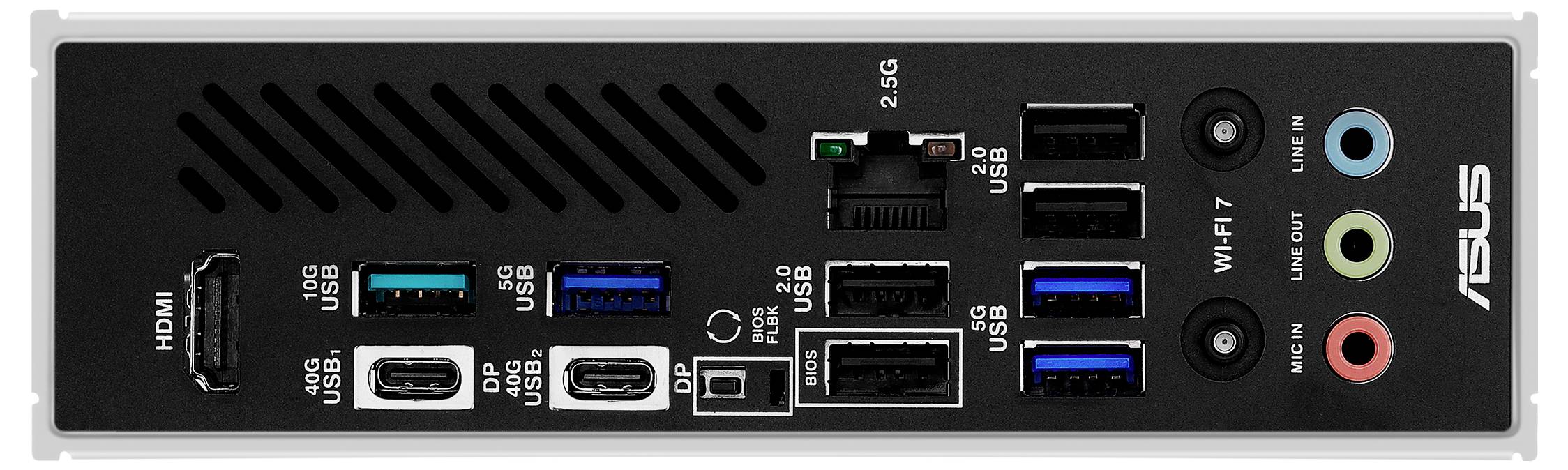 Arrière d'un ordinateur avec des ports HDMI, USB, réseau et des prises audio. Boîtier avec le logo 'ASUS' à droite.