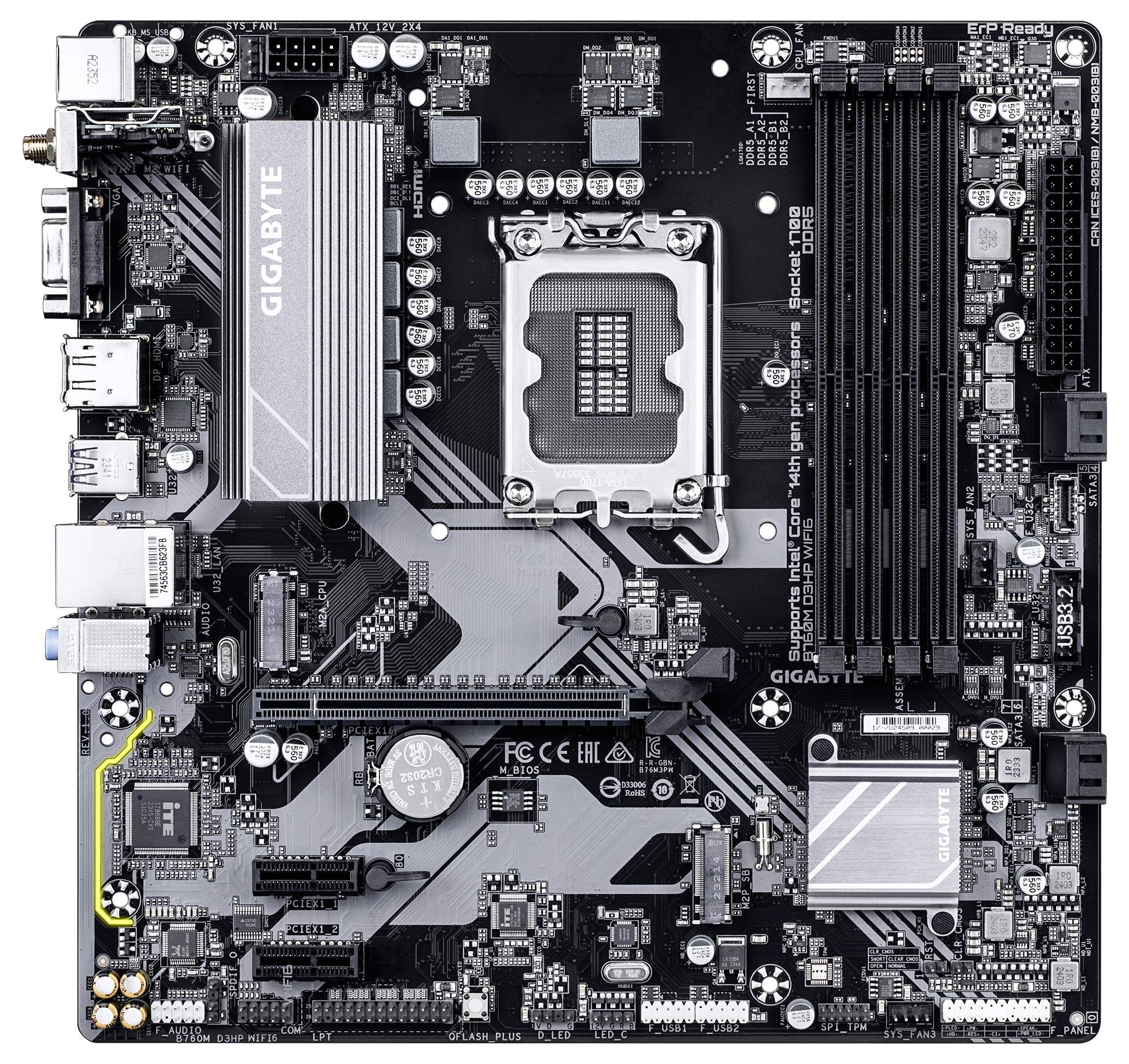 Une carte mère noire avec des connecteurs, des emplacements mémoire et des supports de puces. Étiquetée 'GIGABYTE'.