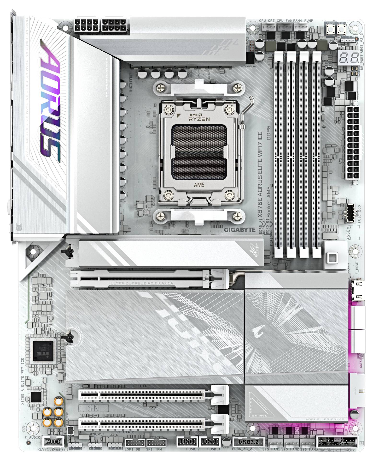 Une carte mère AORUS argentée avec un socket AM5, plusieurs emplacements RAM et emplacements d'extension, mise en valeur par des détails en rose.