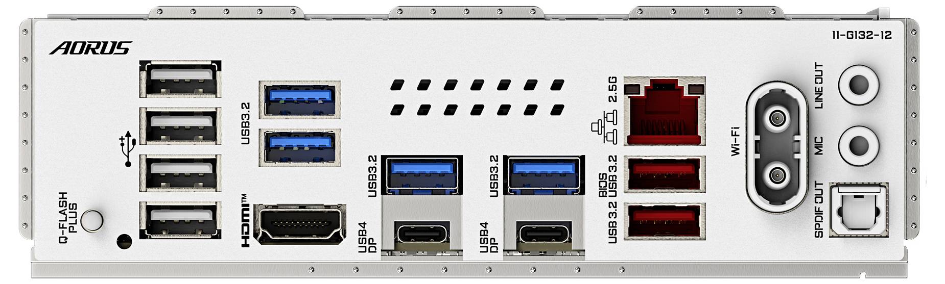 Connecteurs d'une carte mère d'ordinateur avec ports USB, HDMI, Ethernet et ports audio. Vue supérieure avec le logo AORUS.