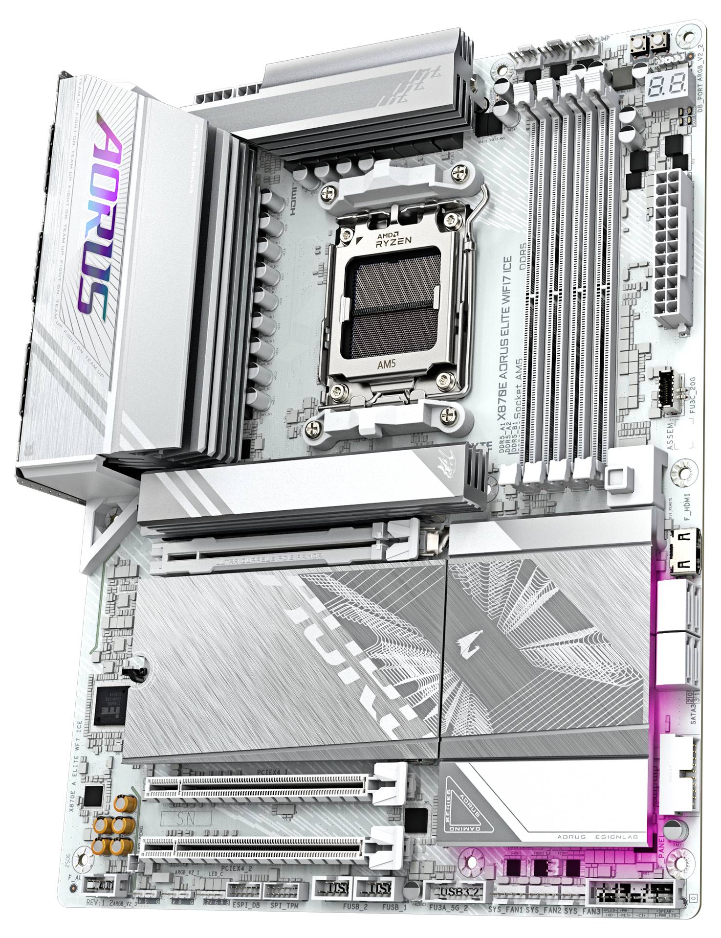 Une carte mère argentée avec plusieurs emplacements mémoire, des slots PCIe, un socket CPU et un logo lumineux ; marque 'AORUS'.
