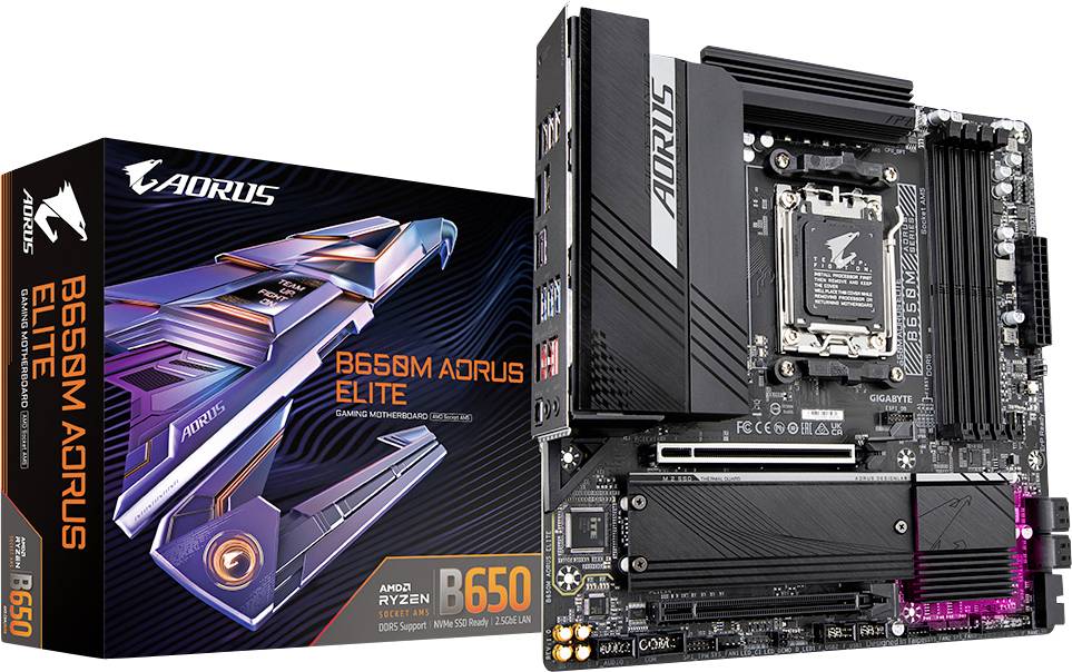 'Carte mère B650M AORUS ELITE d'AORUS, présentée à côté de son emballage, compatible avec les processeurs AMD Ryzen série 7000.'