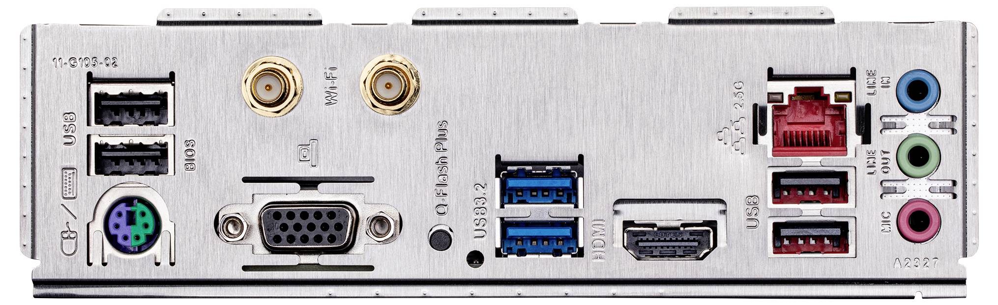 Vue arrière d'une carte mère d'ordinateur avec différents ports : USB, HDMI, ports audio, ports réseau et port VGA.