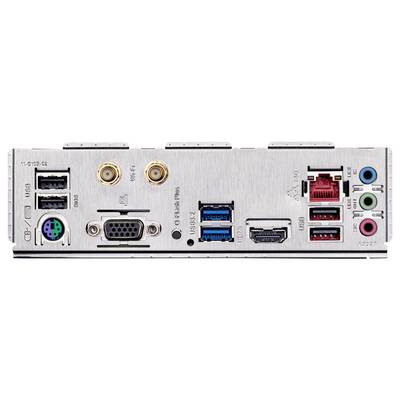 Vue arrière d'une carte mère d'ordinateur avec différents ports : USB, HDMI, ports audio, ports réseau et port VGA.