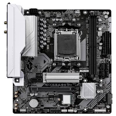 Illustration d'une carte mère gaming avec différents emplacements et connecteurs, socket CPU central et logo de marque visibles.