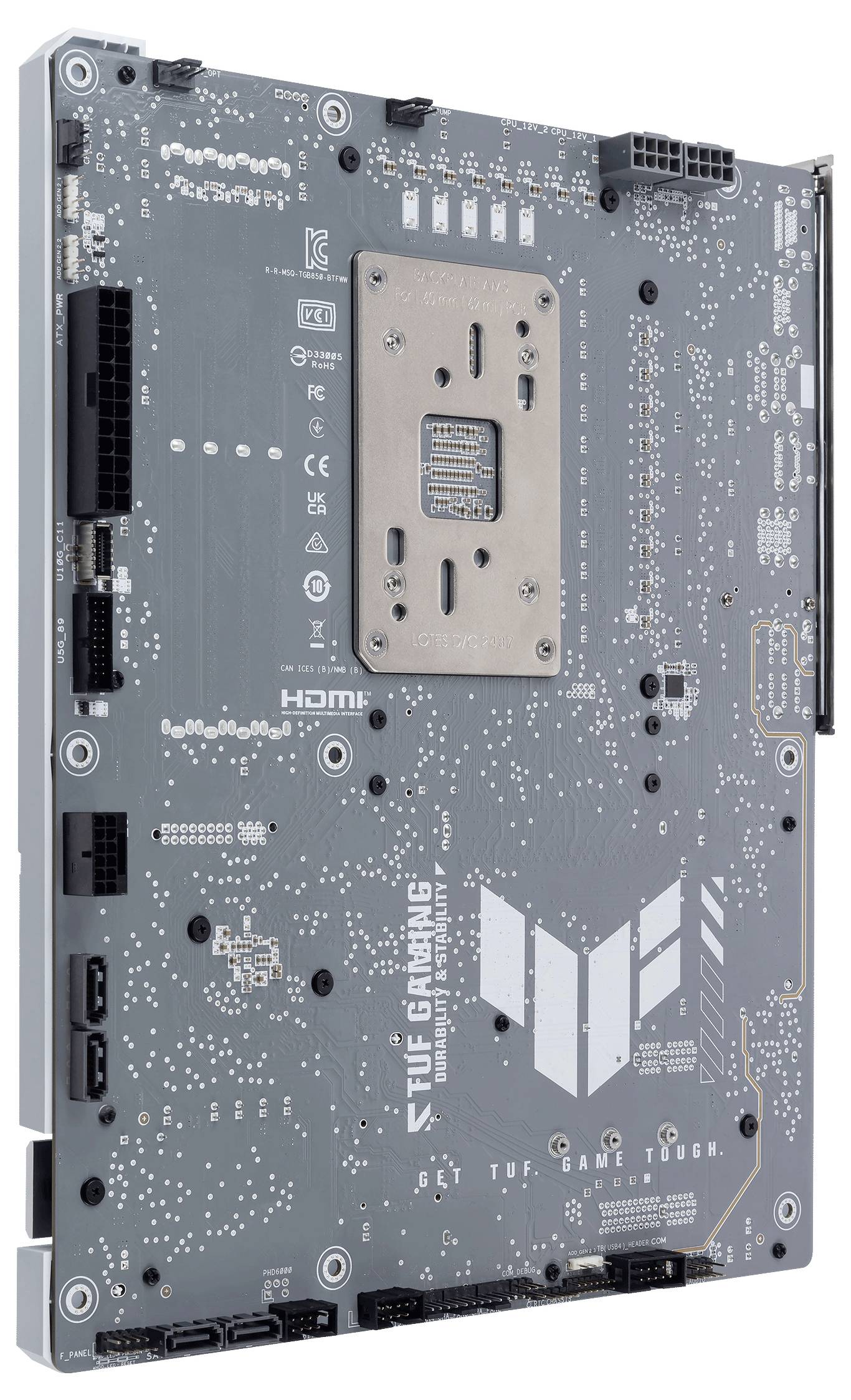 Arrière d'une carte mère d'ordinateur portant l'inscription 'TUF Gaming' ; de nombreux connecteurs et composants électroniques sont visibles.