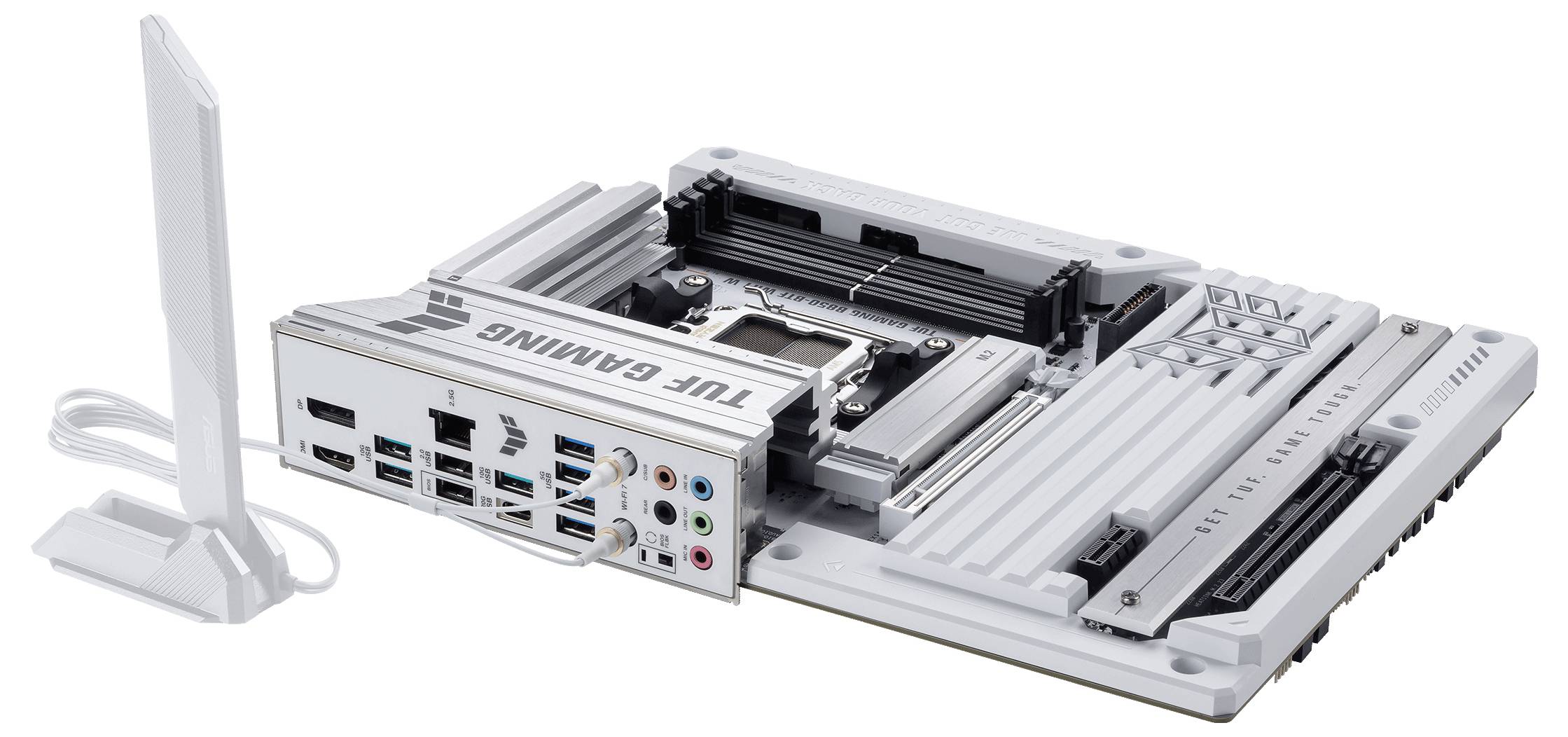Une carte mère TUF Gaming blanche avec plusieurs connecteurs et emplacements, présentée avec un module d'antenne séparé.