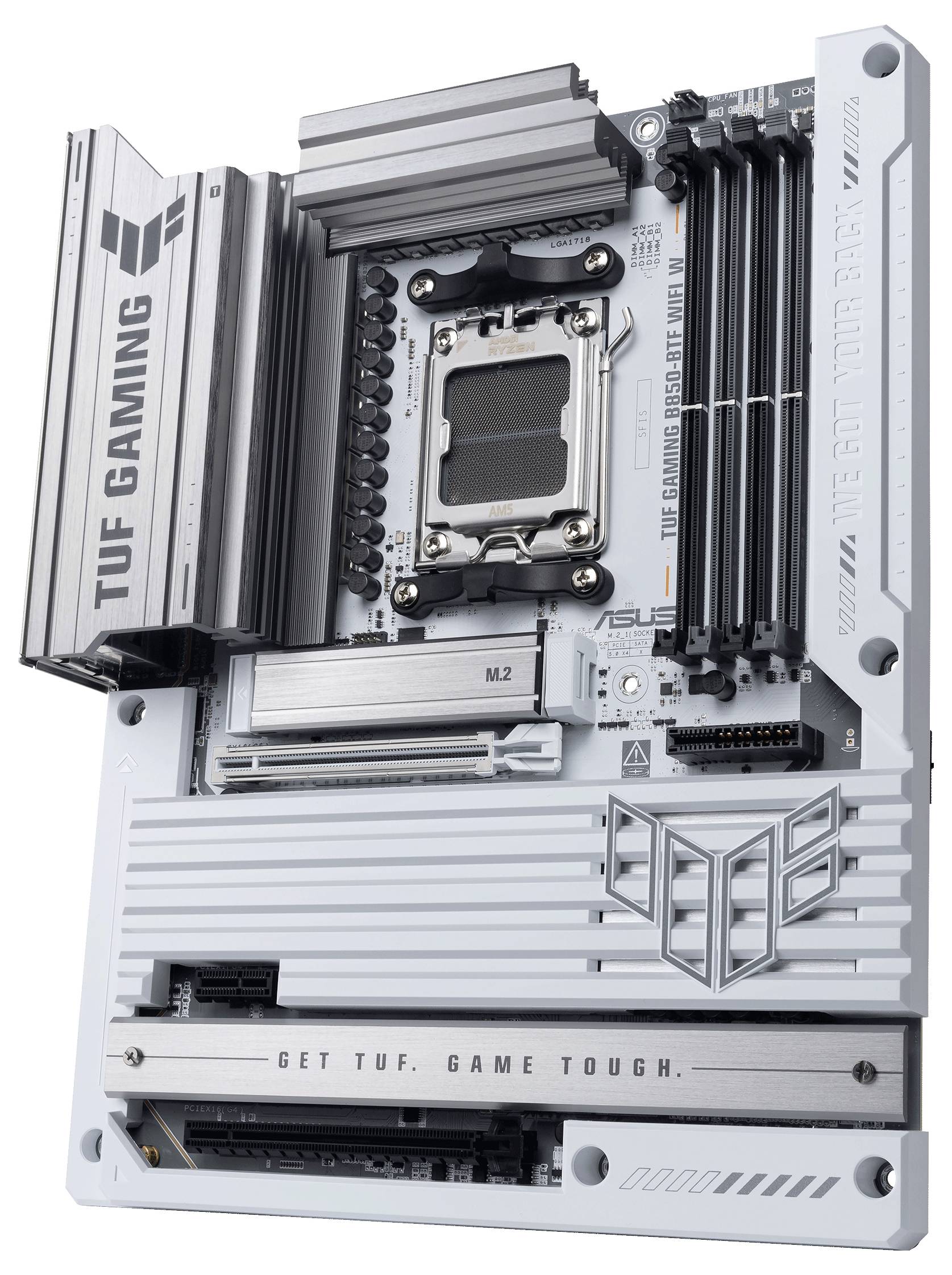 'Carte mère ASUS TUF Gaming Z790, design argenté, emplacements PCIe, banques de RAM, socket CPU central, système de refroidissement robuste.'
