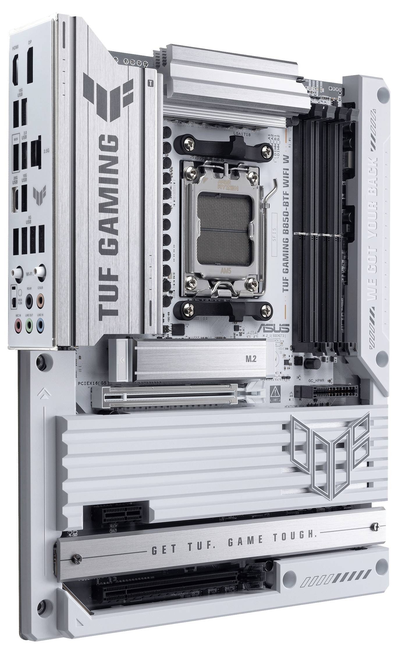 Une carte mère ASUS TUF Gaming blanche avec des emplacements d'extension, des dissipateurs thermiques et des connecteurs, conçue pour des ordinateurs hautes performances.