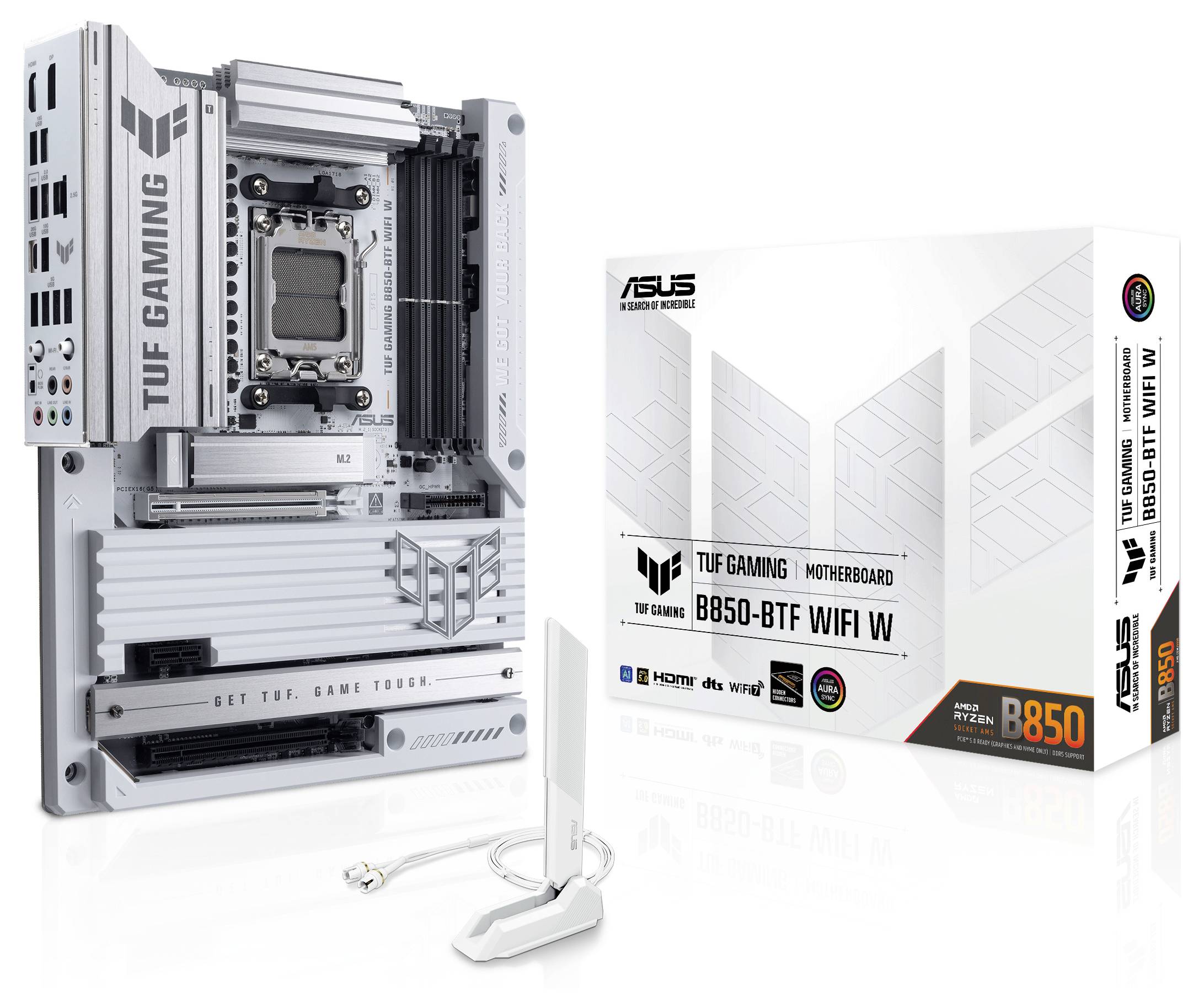 Carte mère ASUS TUF Gaming B650-BTF WIFI II présentée avec son emballage. Design blanc, plusieurs ports visibles, comprenant l'antenne Wi-Fi.
