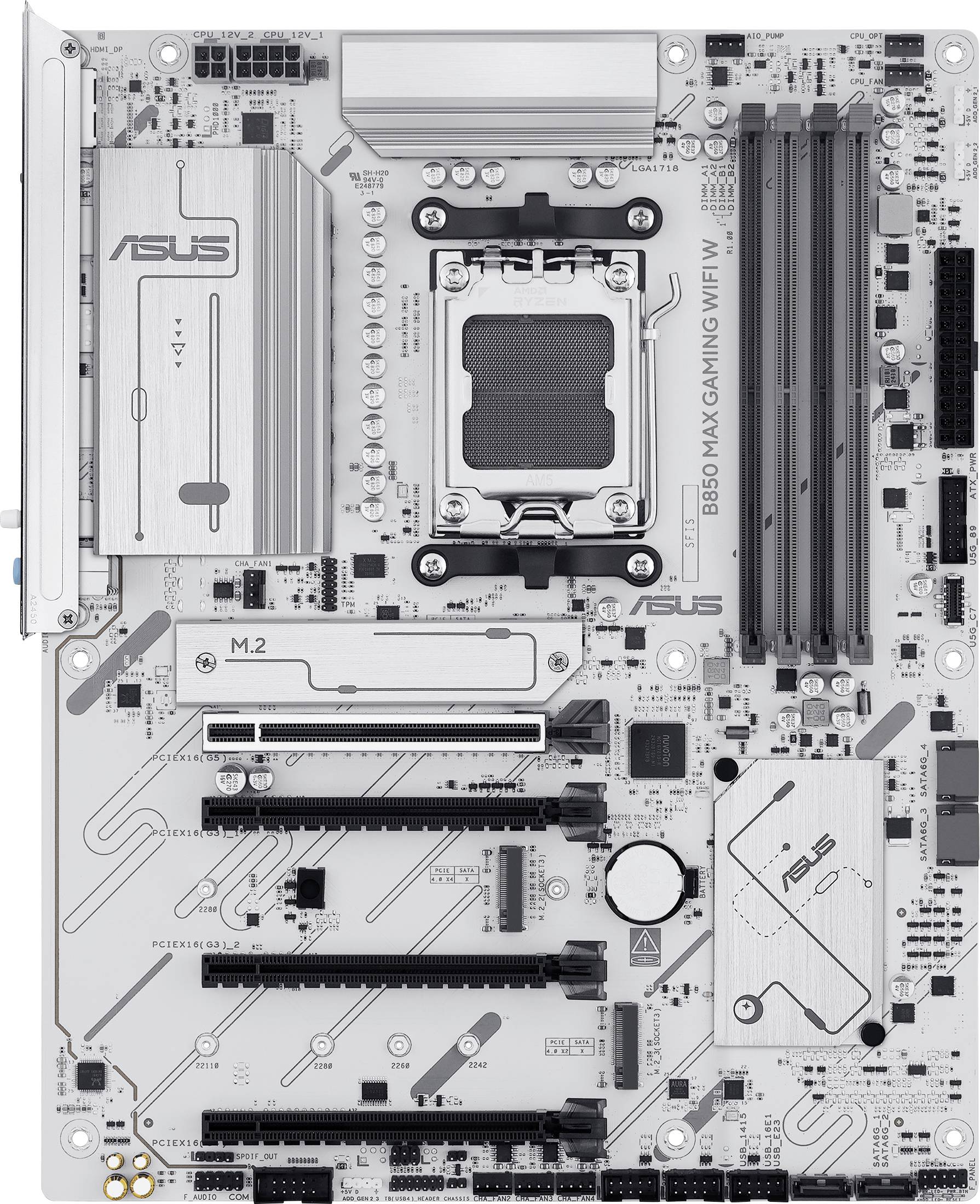 Une carte mère ASUS avec différentes interfaces et système de refroidissement. Comprend des emplacements RAM et des connexions pour les processeurs et les périphériques.