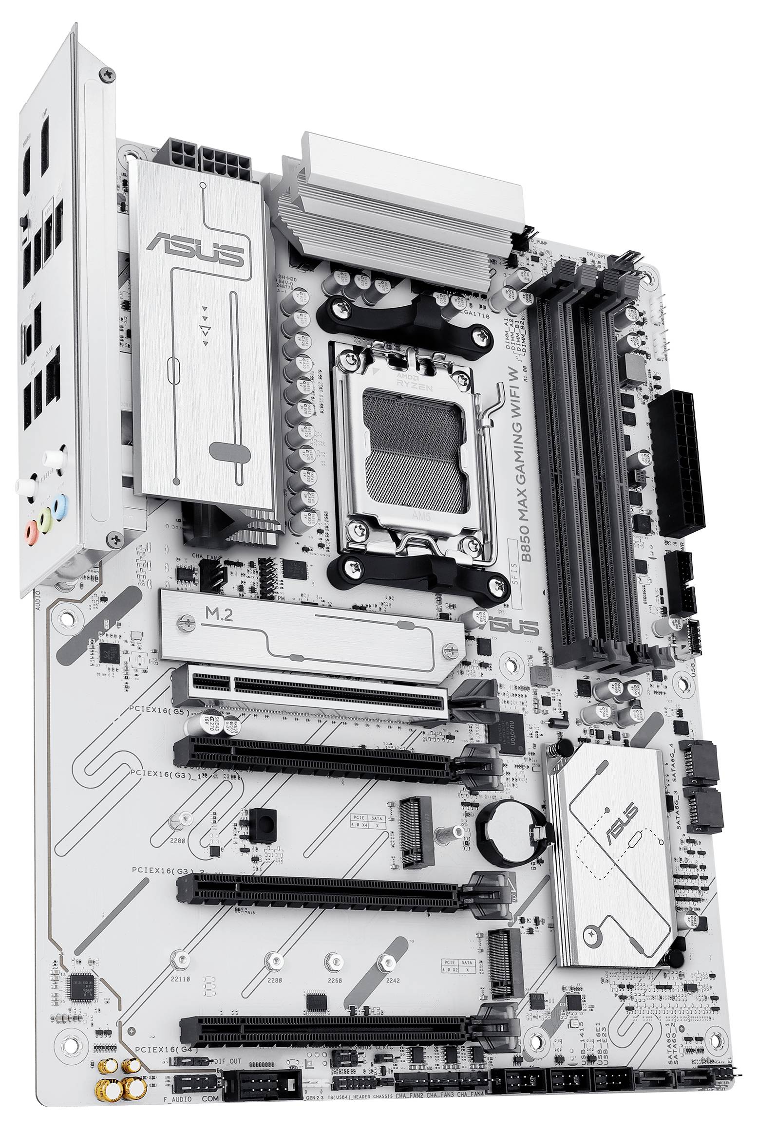 Une carte mère blanche ASUS avec plusieurs emplacements et connecteurs pour les composants informatiques.