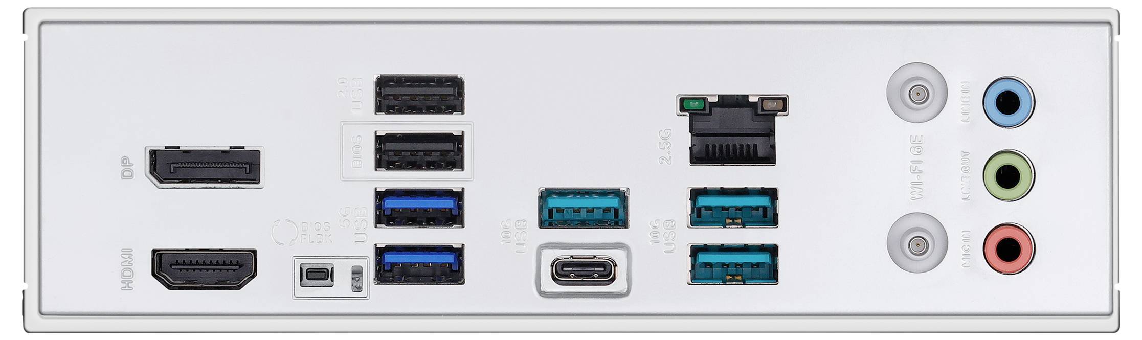 Face arrière d'une carte mère d'ordinateur avec différents ports : HDMI, DisplayPort, USB 2.0, USB 3.0, Ethernet et ports audio.