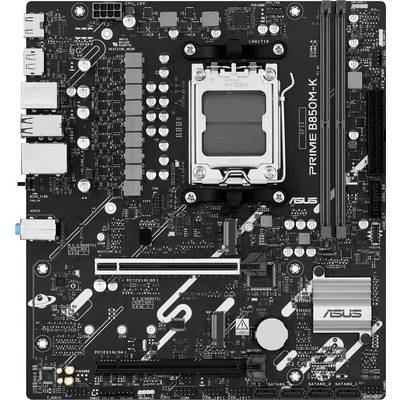 Carte mère ASUS Prime B550M-K, présentant plusieurs connecteurs et emplacements pour CPU, RAM et périphériques, compatible avec les processeurs AMD Ryzen.