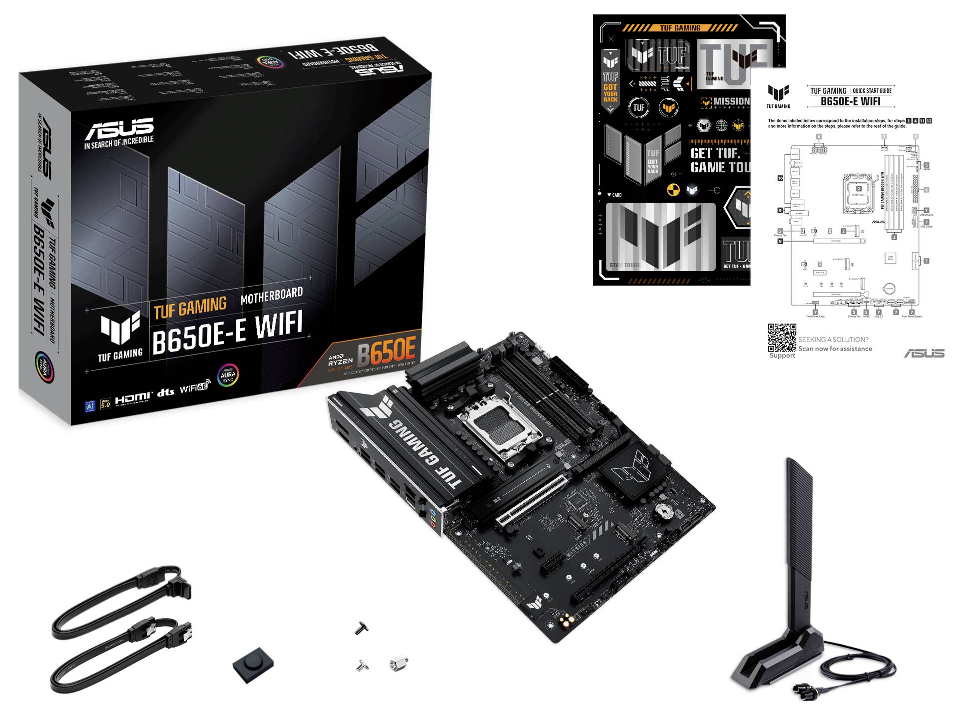 Carte mère Asus TUF Gaming B650E-E WIFI, présentée avec son emballage, son antenne, ses accessoires et son manuel d'installation, adaptée aux joueurs.