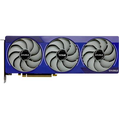 Trois ventilateurs sur une carte graphique bleue portant l'inscription 'SPARKLE TITAN', avec un connecteur PCIe visible en bas.