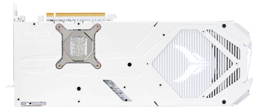 Carte graphique blanche vue de profil, avec ventilation visible et une partie métallique au centre à l'arrière.