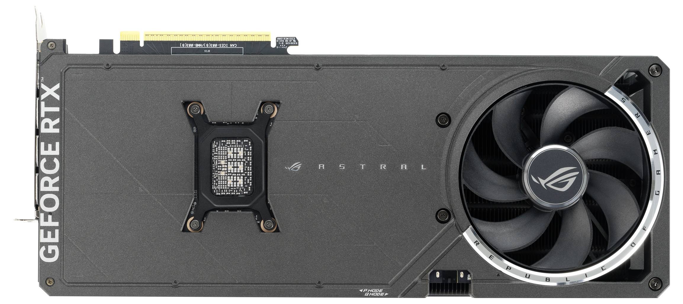 Carte graphique ASUS GeForce RTX avec un grand ventilateur à droite, boîtier noir avec logo 'ROG'. Conçue pour un gaming performant.