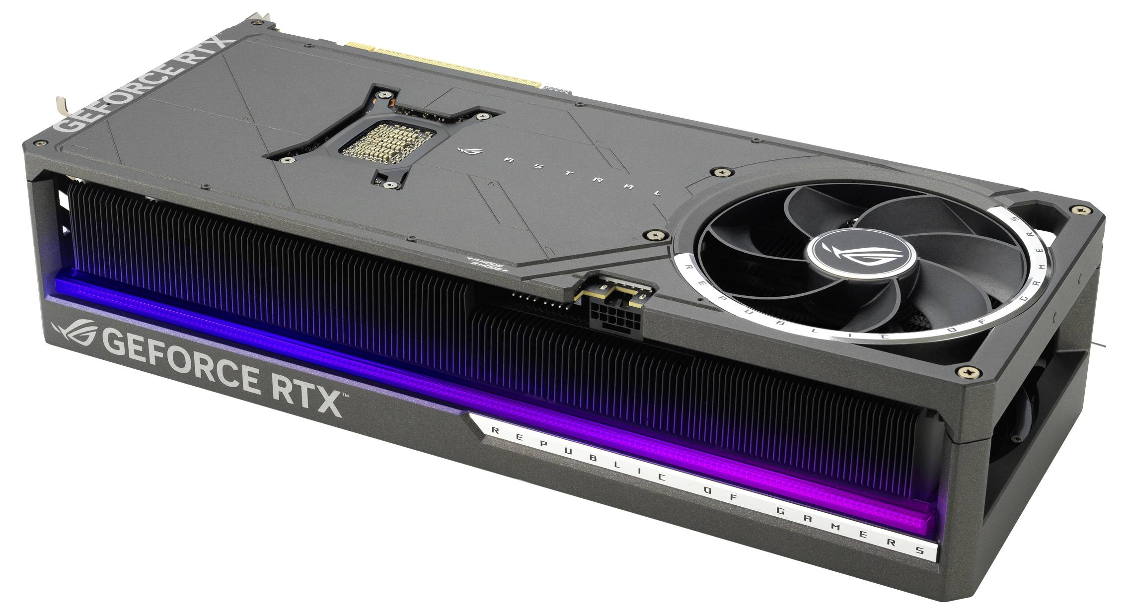 Carte graphique portant l'inscription 'GEFORCE RTX' et 'REPUBLIC OF GAMERS'. Design sombre, ventilateurs visibles et éclairage RVB.