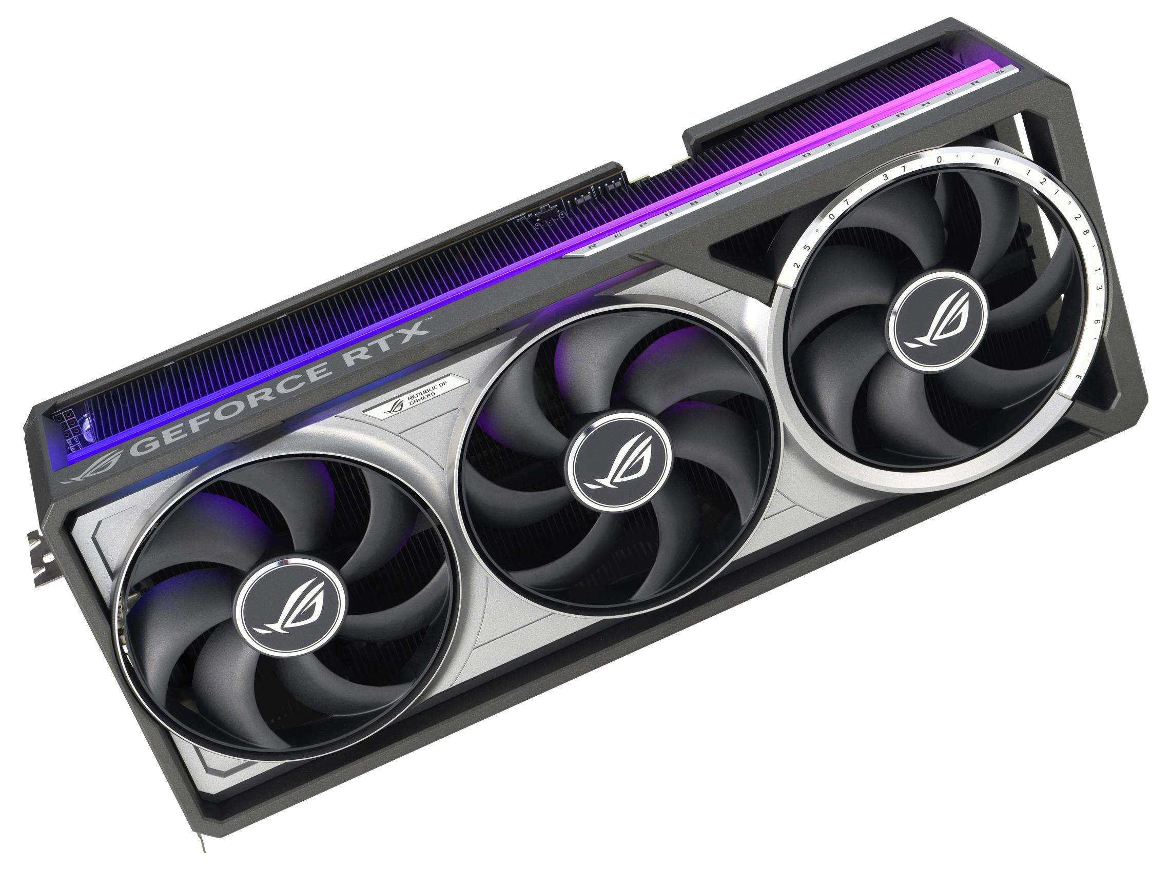Carte graphique avec trois ventilateurs, marquée 'GEFORCE RTX' et logo ROG, vue diagonale. Noir avec un accent lumineux violet.