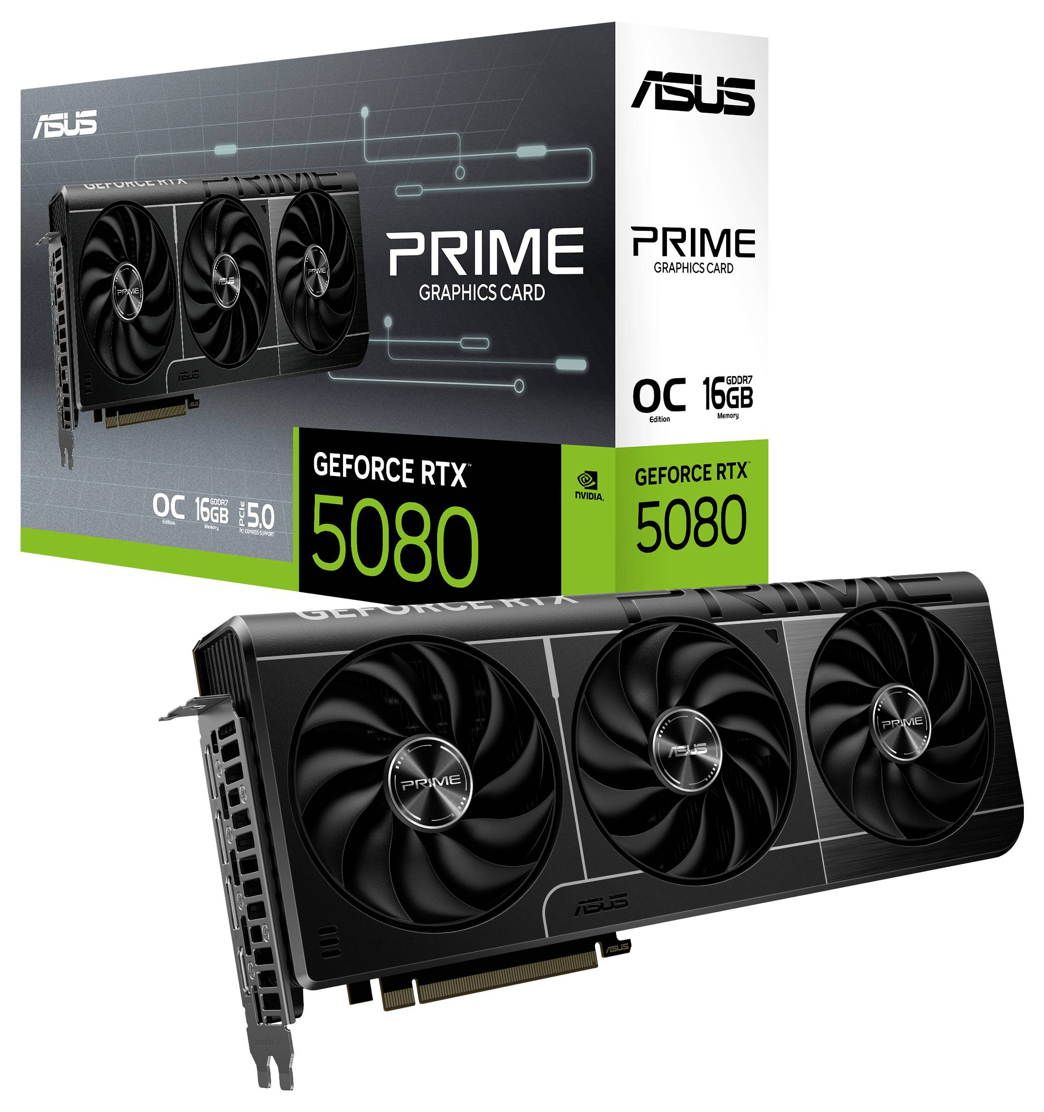 Carte graphique ASUS Prime Geforce RTX 5080 avec trois ventilateurs et 16 Go de mémoire. L'emballage présente le produit et ses spécifications.