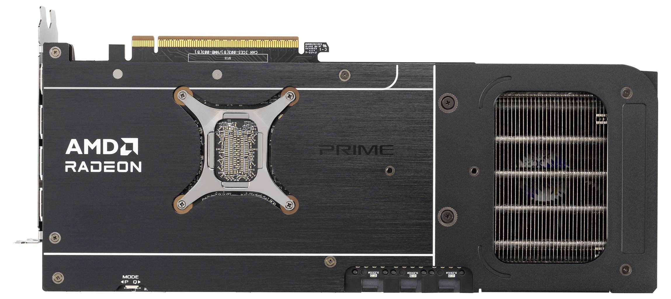 Carte graphique noire portant l'inscription 'AMD RADEON'. Fentes de ventilation visibles. Développée pour un traitement graphique haute performance.