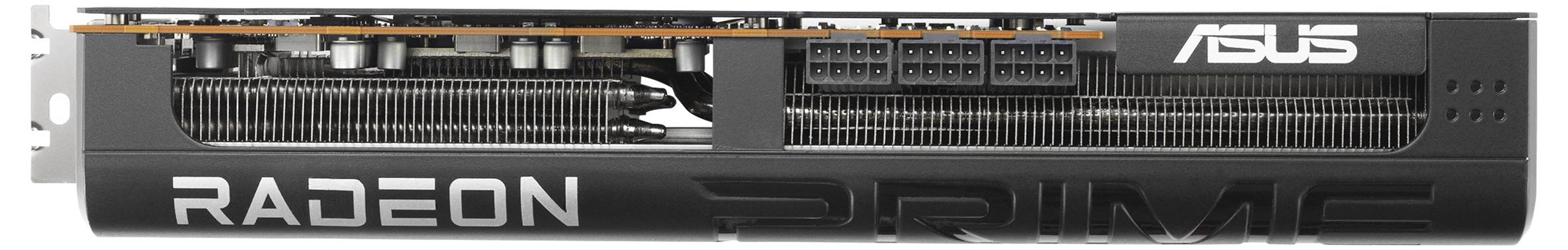 Carte graphique portant l'inscription 'RADEON PRIME' et 'ASUS', avec des ailettes de refroidissement et des connecteurs d'alimentation visibles.