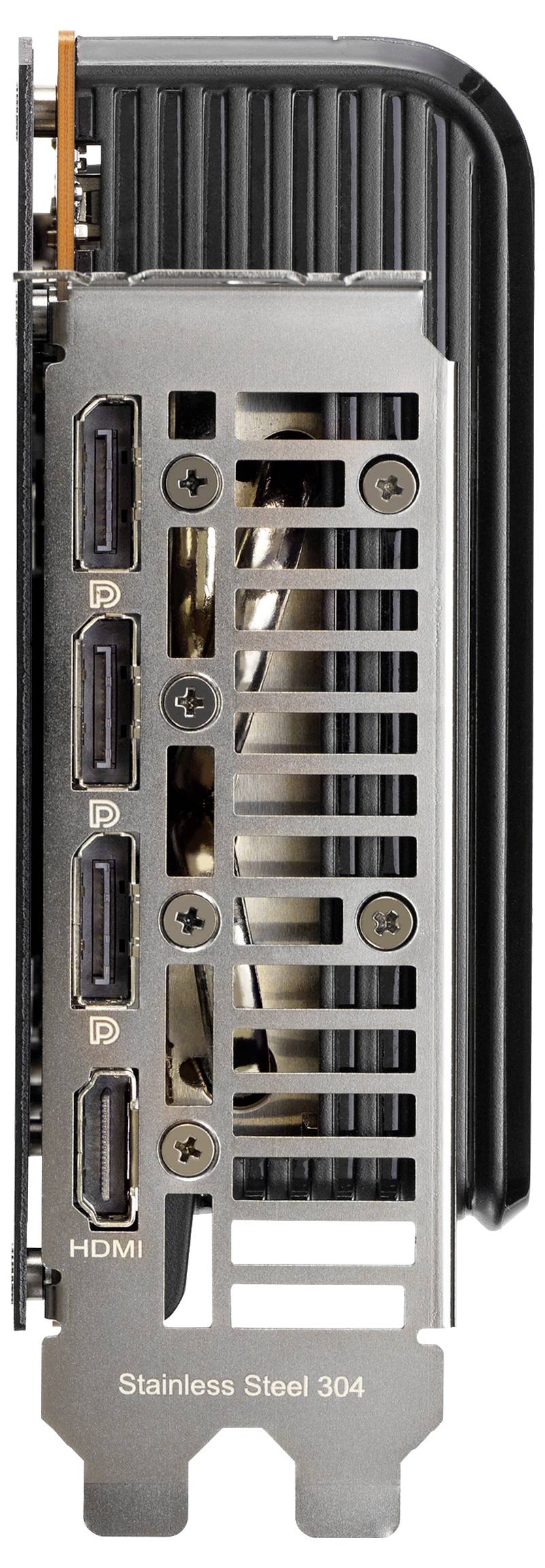 Vue arrière d'une carte graphique avec plusieurs ports : trois DisplayPorts, un port HDMI. Structure en acier inoxydable.
