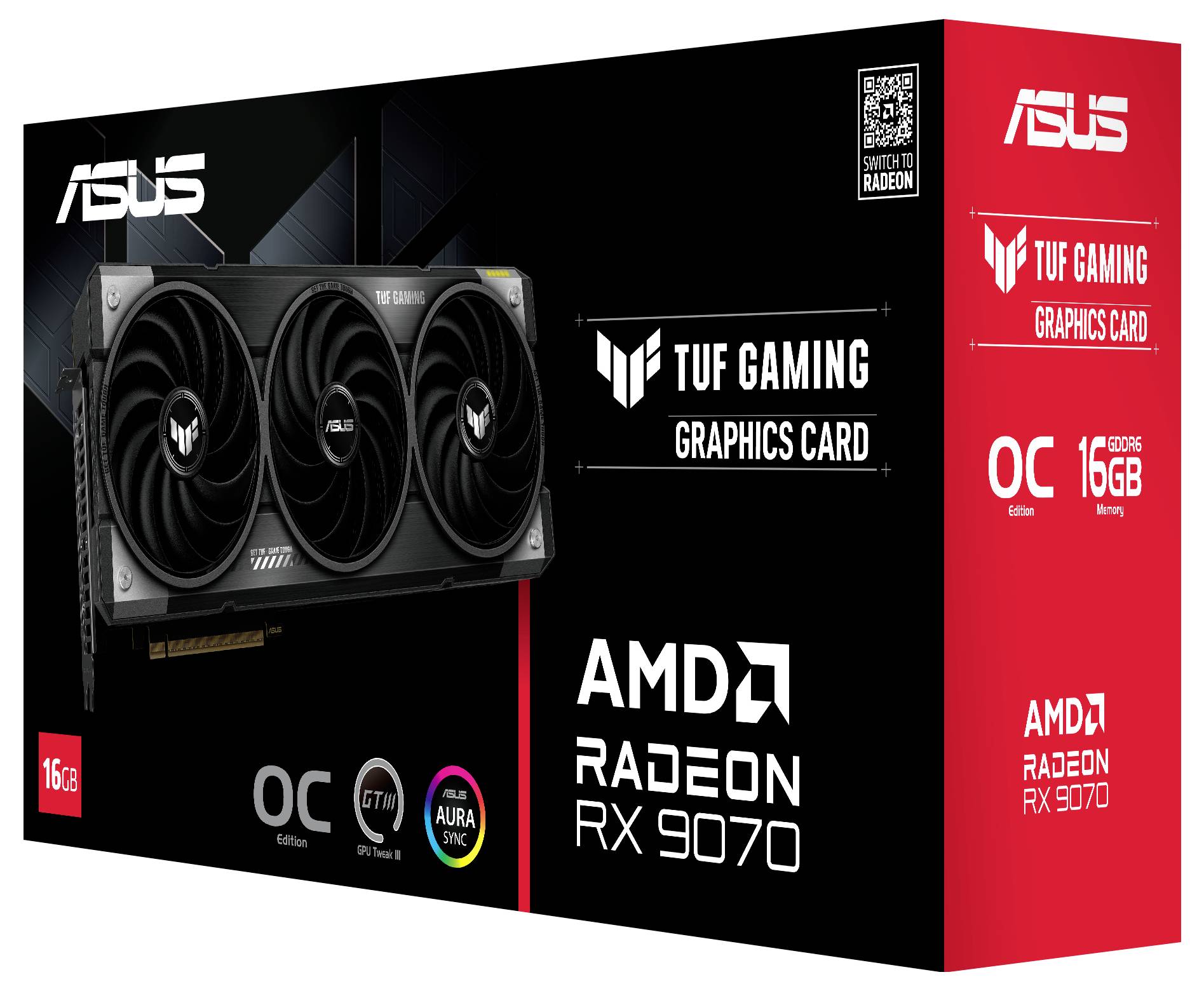 Carte graphique de gaming ASUS TUF, modèle AMD Radeon RX 9070, 16 Go édition OC, mise en avant sur l'emballage du produit.