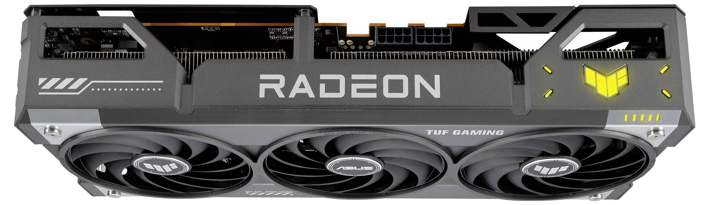 Une carte graphique de la marque Radeon avec trois ventilateurs et le logo TUF Gaming. Elle est conçue pour un gaming haute performance.
