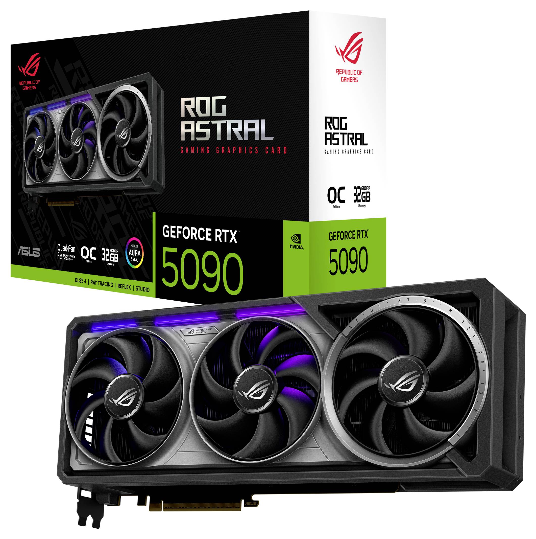 Carte graphique de gaming ROG Astral GeForce RTX 5090 avec 32 Go de mémoire, design à trois ventilateurs, illustrée devant son emballage de vente.