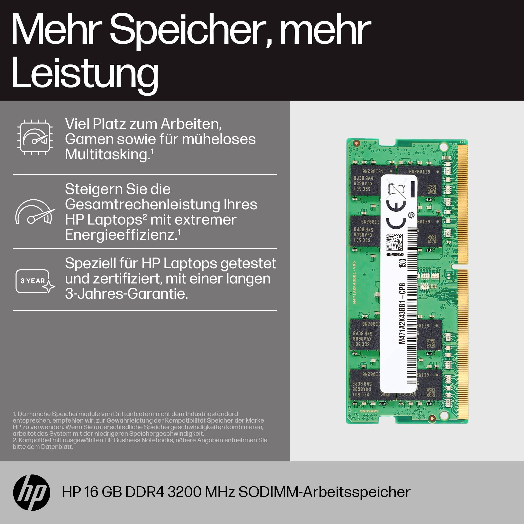 « Plus de mémoire, plus de performance » - Publicité pour barrette de mémoire HP 16 Go DDR4 3200 MHz SODIMM avec 3 ans de garantie, efficacité énergétique.