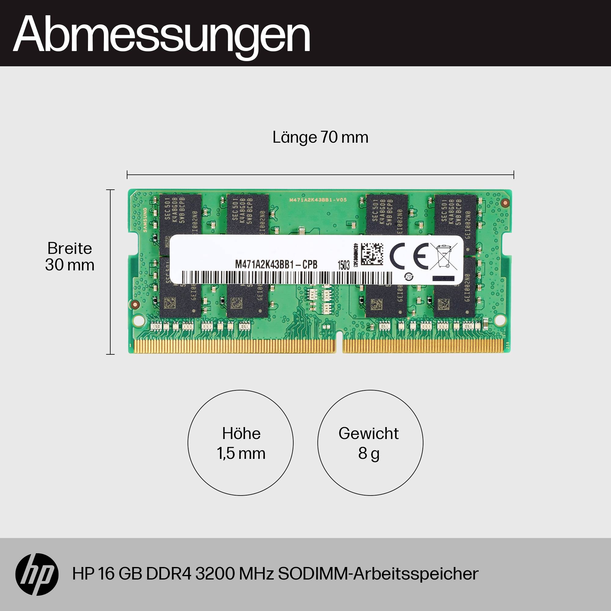 Dimensions d'un module RAM DDR4 : Longueur 70 mm, largeur 30 mm, hauteur 1,5 mm. Poids : 8 g. Modèle : Mémoire vive HP 16 Go DDR4 3200 MHz SODIMM.