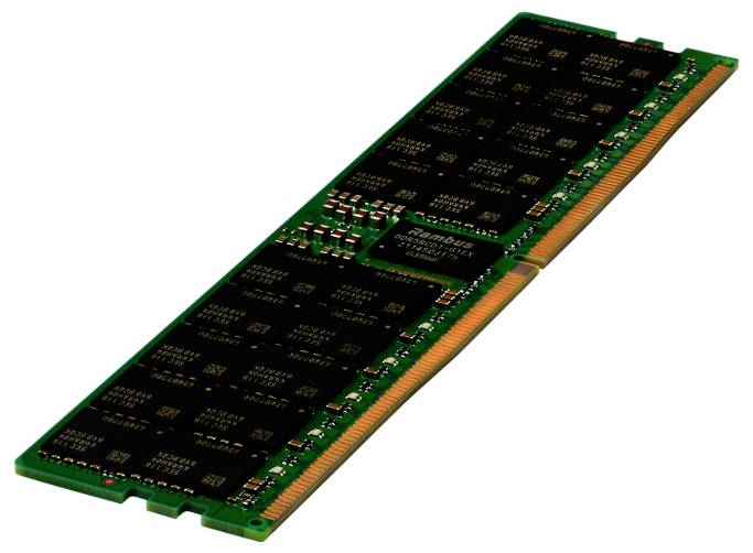 Un chip de mémoire RAM vert avec des cellules de mémoire noires et des contacts de connexion dorés montre la face avant d'un module de RAM d'ordinateur typique.