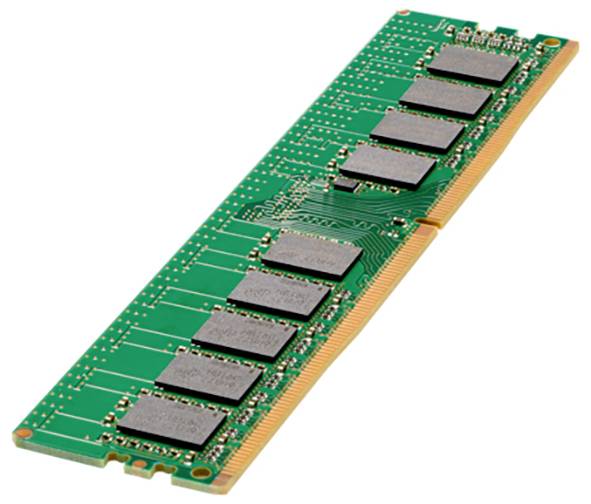 L'image montre un barreau de mémoire RAM avec une carte de circuit imprimé verte et plusieurs puces de mémoire rectangulaires disposées le long de la carte.