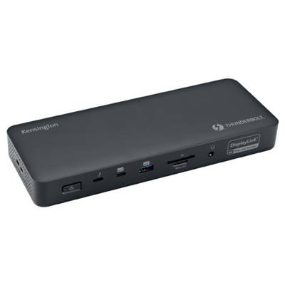 Une station d'accueil Thunderbolt noire de Kensington avec plusieurs ports, dont des ports USB, Ethernet et un lecteur de cartes.